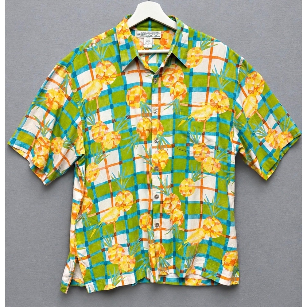 VTG 90s Pineapple Moon Silk Hawaiian Shirt L Pineapple Plaid Aloha Camp